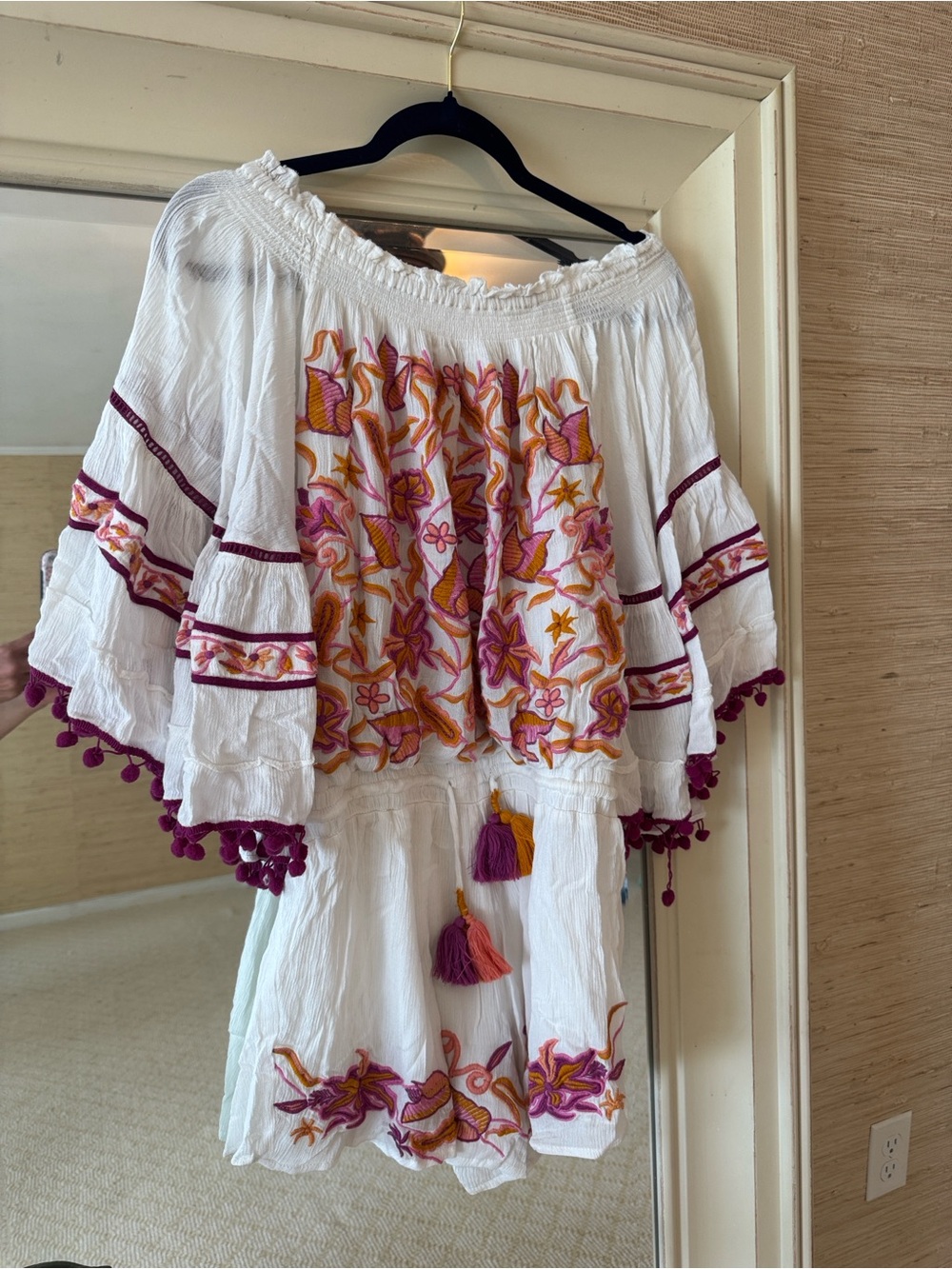 RAGA White Embroidered Off-Shoulder Romper with Pink and Gold Accents